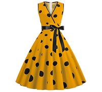 BaoDan Robe Longue Bohème Été Femme Rockabilly Retro à Pois Année 20-50 Pin Up Vintage Cocktail Soirée Communion Mi-longue Plissée Col V Sans Manches A-Line