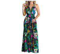 BaoDan Robe Longue Femme Boheme Robe De Plage Femme Robe De Femme À Imprimé Bohème Robe Longue Sans Dos À Imprimé Tropical Robe De Plage Sexy Sans Manches