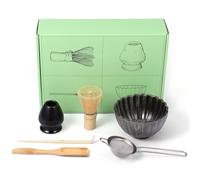 BAODBF Lot de 6 bols à matcha en céramique avec cuillère à café, égouttoir à thé, cuillère à café, centaines de penli, pic à thé, whisky matcha, service à thé pour cérémonie du thé (noir)