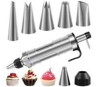 BAODBF Seringue à garnir, seringue à gâteau en acier inoxydable, avec 6 buses interchangeables, poche à douille réutilisable, seringue à pâtisserie pour gâteaux, biscuits