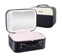 BAODBF Trousse de maquillage de voyage avec miroir LED - Étanche - 3 niveaux de luminosité - Miroir lumineux réglable - En cuir synthétique - Trousse de maquillage portable pour femmes et artistes du