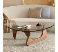 Baodiale Table Basse Triangulaire irrégulière en Verre, Table Centrale avec Pieds en Bois Massif, Plateau en Verre trempé de 8 mm, Style Mid-Century