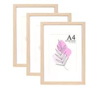 Baoee Lot de 3 cadres photo A4 en chêne avec passe-partout avec verre acrylique, cadre pour affiche, certificat, autoportant et à fixer au mur