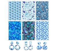BAOFALI Lot de 12 feuilles de papier de transfert à thème bleu pour argile polymère, 6 motifs, 15 x 9 cm, papier de transfert pour la fabrication de bijoux et de boucles d'oreilles