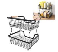 BAOFUYA Panier à Fruits à 2 Niveaux pour Comptoir de Cuisine, Bol Porte-fruits de Grande capacité avec Poignée en Bois pour Pain, Collations, Légumes et Plus Encore (BLACK)