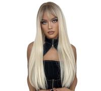 BAOFUYA Perruque de Cheveux Humains Longue en Fibre Synthétique, Résistante aux Hautes Températures, avec Frange, 26 Pouces, pour le Travail Quotidien, Fête, Mariage, Rendez-vous (Gris A)