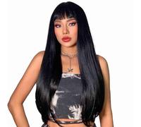 BAOFUYA Perruque de Cheveux Humains Longue en Fibre Synthétique, Résistante aux Hautes Températures, avec Frange, 26 Pouces, pour le Travail Quotidien, Fête, Mariage, Rendez-vous (Noir Bouclé)