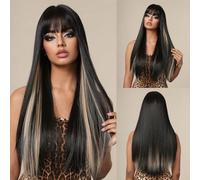 BAOFUYA Perruque de Cheveux Humains Longue en Fibre Synthétique, Résistante aux Hautes Températures, avec Frange, 26 Pouces, pour le Travail Quotidien, Fête, Mariage, Rendez-vous (Gris et Noir)