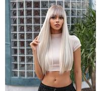 BAOFUYA Perruque de Cheveux Humains Longue en Fibre Synthétique, Résistante aux Hautes Températures, avec Frange, 26 Pouces, pour le Travail Quotidien, Fête, Mariage, Rendez-vous (Gris B)