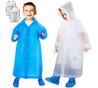 Baogaier 2 Pièces Imperméable pour Enfants en EVA, Réutilisable Manteau Poncho de Pluie avec Capuchon, Poncho Léger Combinaison de Pluie Vêtements de Pluie pour Garçons Filles, Blanc Bleu