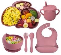 Baogaier Assiette Bébé Set Repas Silicone Rose, Lot de 6 Antiderapante Bol à Ventouse Tasses Fourche Cuillère Bavoir Sans BPA Enfant Set Couverts Vaisselle pour Fille Sevrage Manger Apprentissage