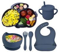 Baogaier Assiette Ventouse Bébé Vaisselle Silicone, Fourche Cuillère Bavoir Tasses et Bol, Lot de 6 Set Repas Couverts Sans BPA Antiderapante Enfant Garçon Sevrage Manger Apprentissage, Blau Lapin