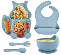 Baogaier Assiette Ventouse pour Bébé Vaisselle Silicone, Fourche Cuillère Bavoir et Bol, Lot de 5 Set Repas Couverts Sans BPA Antiderapante Enfant Garçon Sevrage Manger Apprentissage, Blau