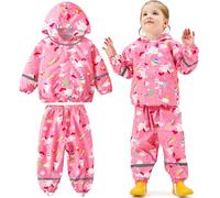 Baogaier Combinaison Imperméables Filles, Veste de Pluie & Pantalon Imperméable 2 pièces Ensembles, Enfant Léger Manteaux Coupe-vent Pantalon de Pluie Vêtements de Pluie 6-7 Ans, Cheval Rose