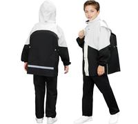 Baogaier Enfants Imperméable à Capuche, Fille Léger Manteau Veste de Pluie et Pantalon Combinaison avec Bandes Réfléchissante, Vêtements de Pluie pour Sport Randonnée Voyage 9-10 Ans, Noir Blanc