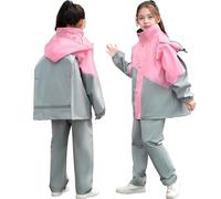 Baogaier Enfants Imperméable à Capuche, Unisexe Fille Garçon Léger Manteau Veste de Pluie et Pantalon Combinaison avec Bandes Réfléchissante, pour Sport Randonnée Voyage 13-14 Ans, Gris Rose