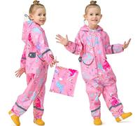 Baogaier Fille Imperméable à Capuche Combinaison, Manteau de Pluie Dessin Animé Mignon Cape Pluie Enfant Léger Bande Réfléchissante Rain Poncho, Imprimé Licorne Rose Pour 7-9 Ans