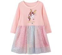 Baogaier Fille Robe Enfant Printemps Automne Manche Longue Coton Rose Licorne Paillette Princesse Brillante Broderie Tulle Chic Tunique Elegante Filles Anniversaire Vêtements 5-6 Ans