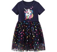 Baogaier Fille Robe Marin Bleu Coton Manche Courte Robes Tulle Licorne Animal Impression Paillette Princesse Brillante Chic T-shirt Tunique Elegante Filles Anniversaire Vêtements Cadeau Enfant 3-4 Ans