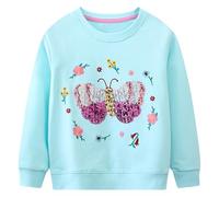 Baogaier Fille Sweatshirt Haut à Manches Longues Pullover Papillon Bleu à Paillettes Imprimé Animal Motif Mignon Sweat Sport Loisir Casual T-Shirts Col Rond Enfant Top Mode Vêtements 5-6 Ans
