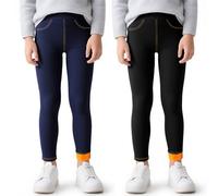 Baogaier Filles Chaud Leggings Doublé Polaire, Thermique Jegging, Lot de 2 | Molleton Jeans Denim Legging, Extensible Confortable, Pantalons avec Poche, Hiver Vêtements, Décontracté, 4-12 Ans, Bleu&Noir
