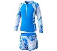Baogaier Maillot de Bain 2 Pièces pour Fille Protection Solaire, Maillots Manches Longues et Shorty Anti UV, Ensemble de Plage Séchage Rapide Confortable Rash Guard pour Enfants 7-8 Ans, Bleu Blanc
