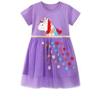 Baogaier Robe Fille Enfant Manche Courte Coton Été Pourpre Princesse Brillante Tulle Tunique Licorne Elegante Filles T-Shirts Anniversaire Vêtements 3-4 Ans