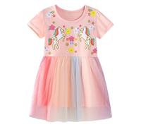 Baogaier Robe Fille Enfant Manche Courte Coton Été Rose Fleur Cheval Chic Paillette Princesse Brillante Tulle Tunique Broderie Elegante Filles T-Shirts Anniversaire Vêtements 3-4 Ans