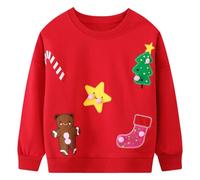 Baogaier Sweatshirt Filles Rouge Noël Motifs Broderie Pullover Demi-Manche Col Rond Sweat Printemps Automne Hiver Sportswear Décontracté Pull Veste Casual Jumper pour Enfants 3-4 Ans