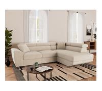 Baoji - Canapé d'angle droit 5 places convertible avec têtières et coffre en velours côtelé - Beige