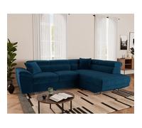 Baoji - Canapé d'angle droit 5 places convertible avec têtières et coffre en velours côtelé - Bleu