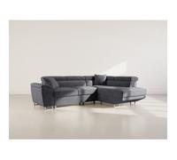 Baoji - Canapé d'angle droit 5 places convertible avec têtières et coffre en velours côtelé - Gris