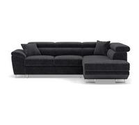 Baoji - Canapé d'angle droit 5 places convertible avec têtières et coffre en velours côtelé - Gris