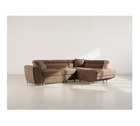 Bestmobilier - Baoji - Canapé d'angle Droit 5 Places Convertible avec têtières et Coffre en Velours côtelé, Marron