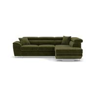 Baoji - Canapé d'angle droit 5 places convertible avec têtières et coffre en velours côtelé - Vert