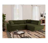 Baoji - Canapé d'angle droit 5 places convertible avec têtières et coffre en velours côtelé - Vert