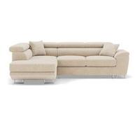 Baoji - Canapé d'angle gauche 5 places convertible avec têtières et coffre en velours côtelé - Beige