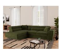 Baoji - Canapé d'angle gauche 5 places convertible avec têtières et coffre en velours côtelé - Vert