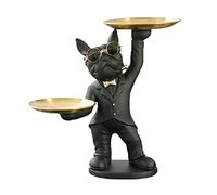 BAOJULONG Adorable statue de bouledogue français avec 2 plateaux et verres mignons en résine noire - Sculpture de chien - Ornement de décoration d'intérieur - Cadeaux, BJL1026