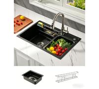 Baollansa Évier de Cuisine en Acier Inoxydable 68x46 cm, 1 Cuve avec Siphon, Trop-plein et Garniture de Vidage, Évier Moderne Multifonction Noir pour Plans de Travail > 80 cm (Gris Noir)