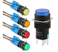 Baomain Lot de 5 interrupteurs à bouton-poussoir à verrouillage 16 mm 12 V CC avec LED et prise pré-câblée, 5 couleurs (rouge, jaune, orange, bleu, vert) capuchon rond, SPDT 1NO + 1NC, 5 A 250 V AC