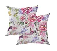 BaoNews Watercolor Floral Outdoor Throw Pillow Covers,Purple Pink Bouquet Butterflies Peonies Water Resistant Linen Cushion Cover Hidden Zipperl Indoor Pillows for Hair Skin Square 20X20 in 2 Pcs
