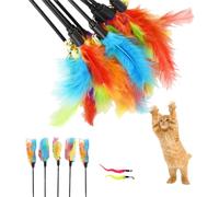 BAOSROY Jouet Chat Interactif Intérieur - Plume Colorée à Tige Courte, Bâton Interactif avec 2 Jouets De Ver pour Chats et Chatons