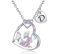BAOWING Collier dragon cadeau pour enfants filles avec pendentif dinosaure arc-en-ciel coloré CZ cœur lettre initiale bijoux cadeaux pour fille, petite-fille, petite adolescente, Acier inoxydable