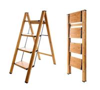 BAOYOUNI Escabeau pliable à 4 marches portable en aluminium léger avec pédales larges antidérapantes Capacité de 150 kg pour la maison, la cuisine, le jardin, le bureau - Noir + couleur grain de bois