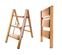 BAOYOUNI Escabeau pliant à 3 marches portable léger en aluminium avec larges marches antidérapantes Capacité de 150 kg pour la maison, la cuisine, le jardin, le bureau - Noir + couleur grain de bois