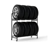 BAOYOUNI Étagère à pneus avec roues pour 8 pneus, 2 niveaux, réglable en hauteur, étagères de rangement peu encombrantes pour garage, maison, cave, atelier, (63-108) x 39 x 112 cm, noir
