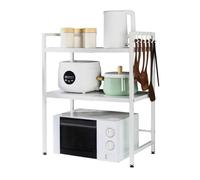 BAOYOUNI Etagere Micro-Ondes Support en Acier au Carbone Four avec 6 Crochets Suspendus Organisateur de Rangement pour Cuisine (36 X (40-63) X 78cm (DxWxH), Blanc, 2 Niveaux)