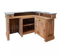 Bar d'angle 180cm x 140cm avec espace frigo en chêne massif, retour à droite - Chester : Finition - Chêne naturel, Plateau - Zinc brossé acier