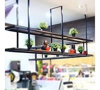 Bar de cuisine Rétro plafond suspendu étagère 2 niveaux étagère rangement étagère flottant Stand de fleur - bois châssis en métal noir décorations affichent le support vin pour salon - Pot Pan Rack